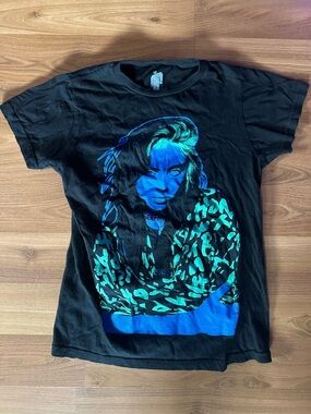 Hot Topic Billie Eilish Black Tee with Blue and Teal Graphic